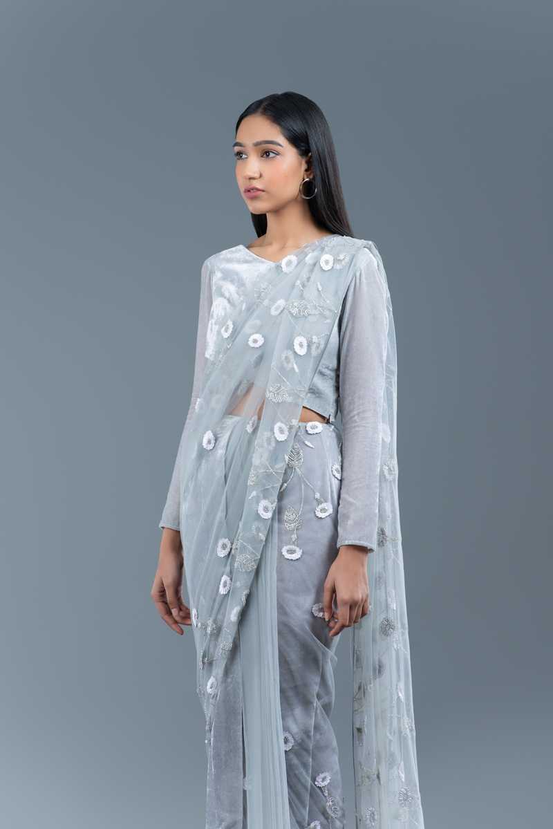 Cloud Grey Velvet And Net Pre-Draped Saree - Lavanya Ahuja